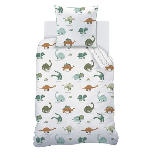 Parure De Lit Imprimée 100% Coton, Dinos Blanc 140x200+63x63cm