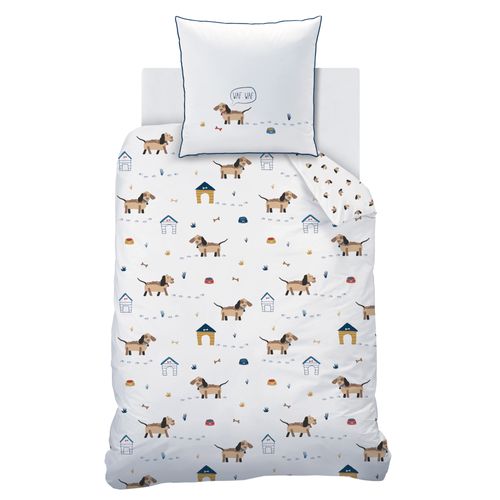 Parure De Lit Imprimée 100% Coton, Waf Waf Blanc 140x200+63x63cm