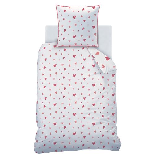 Parure De Lit Imprimée 100% Coton, Heart Blanc, Rose 140x200+63x63cm