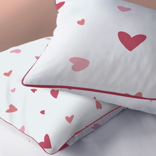 Parure De Lit Imprimée 100% Coton, Heart Blanc, Rose 140x200+63x63cm