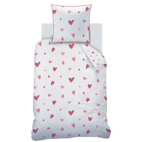 Parure De Lit Imprimée 100% Coton, Heart Blanc, Rose 140x200+63x63cm