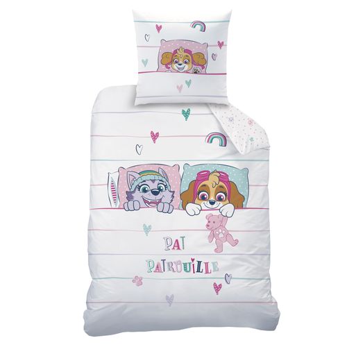 Parure De Lit Imprimée 100% Coton, Pat Patrouille Douce Nuit Blanc, Rose 140x200+63x63cm