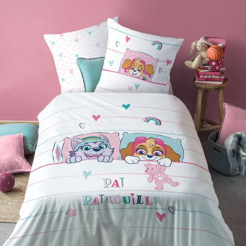 Parure De Lit Imprimée 100% Coton, Pat Patrouille Douce Nuit Blanc, Rose 140x200+63x63cm