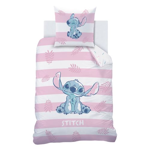 Parure De Lit Imprimée 100% Coton, Disney Home Stitch Stripe Blanc, Rose 140x200+63x63cm