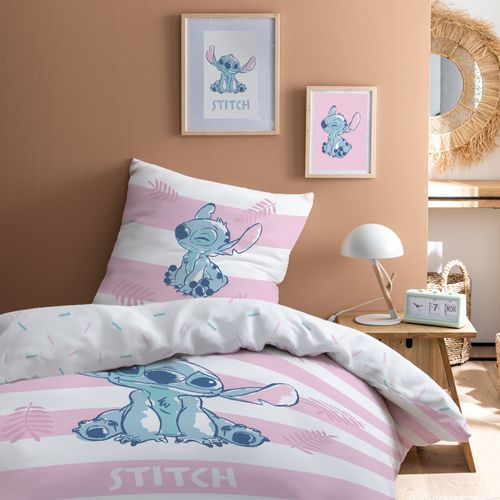Parure De Lit Imprimée 100% Coton, Disney Home Stitch Stripe Blanc, Rose 140x200+63x63cm