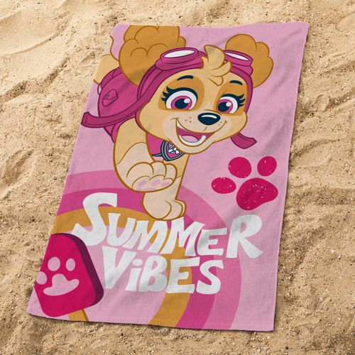 Serviette De Bain Et De Plage Imprimée 100% Coton, Pat Patrouille Good Vibes Rose 70x120cm