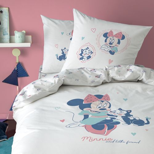 Parure De Lit Imprimée 100% Coton, Disney Home Minnie Little Friend Blanc 140x200+63x63cm