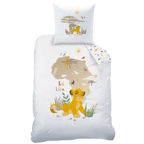 Parure De Lit Imprimée 100% Coton, Disney Home Le Roi Lion Brousse Blanc 140x200+63x63cm