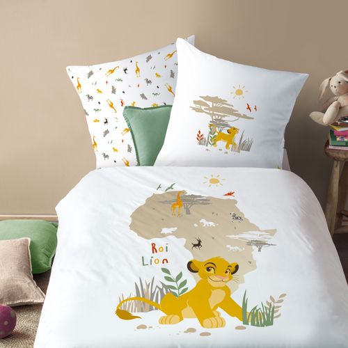 Parure De Lit Imprimée 100% Coton, Disney Home Le Roi Lion Brousse Blanc 140x200+63x63cm