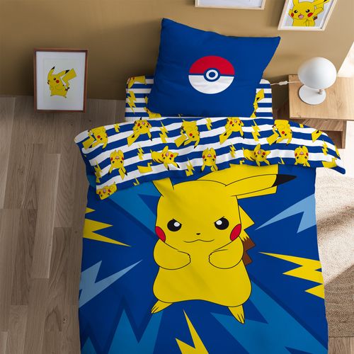 Parure De Lit Imprimée 100% Coton, Pokemon Spike Bleu 140x200+63x63cm