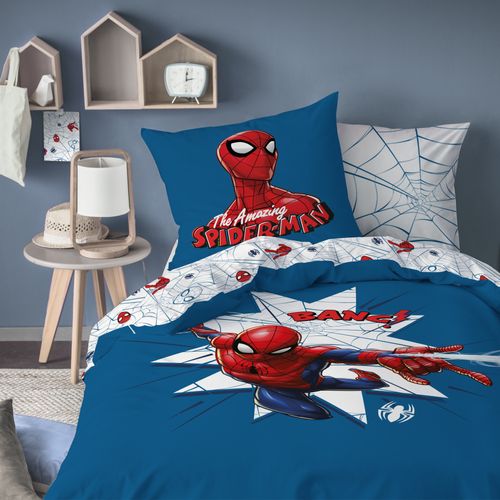 Parure De Lit Imprimée 100% Coton, Spiderman Home Jumping Bleu 140x200+63x63cm