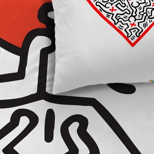 Parure De Lit Imprimée 100% Coton, Keith Haring Red Love Blanc/rouge 140x200+63x63cm