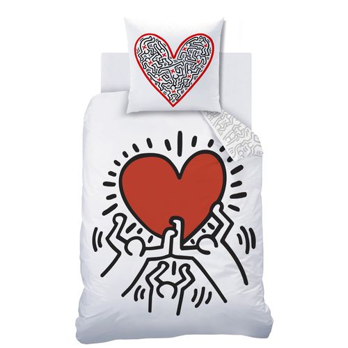 Parure De Lit Imprimée 100% Coton, Keith Haring Red Love Blanc/rouge 140x200+63x63cm