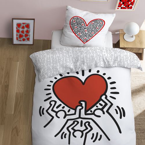 Parure De Lit Imprimée 100% Coton, Keith Haring Red Love Blanc/rouge 140x200+63x63cm