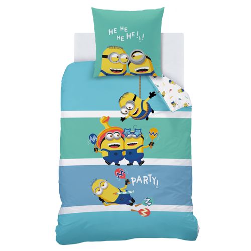 Parure De Lit Imprimée 100% Coton, Les Minions Fiesta Bleu 140x200+63x63cm