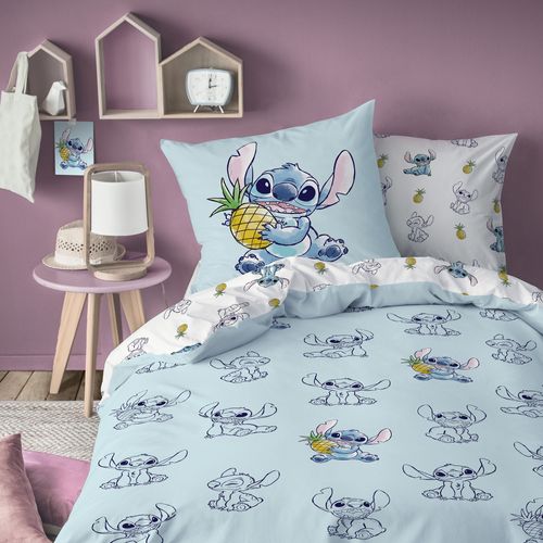 Parure De Lit Imprimée 100% Coton, Disney Home Stitch Ananas Bleu/blanc 140x200+63x63cm
