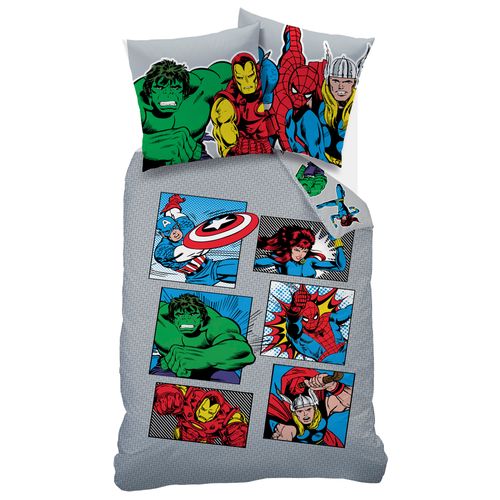Parure De Lit Imprimée 100% Coton, Avengers Home Comics Heroes Gris 140x200+63x63cm