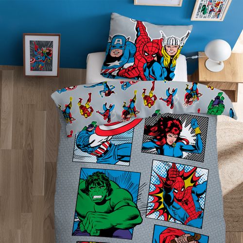 Parure De Lit Imprimée 100% Coton, Avengers Home Comics Heroes Gris 140x200+63x63cm