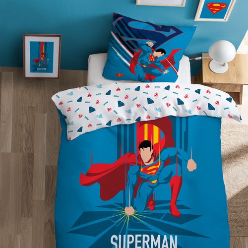 Parure De Lit Imprimée 100% Coton, Superman Supera Bleu 140x200+63x63cm