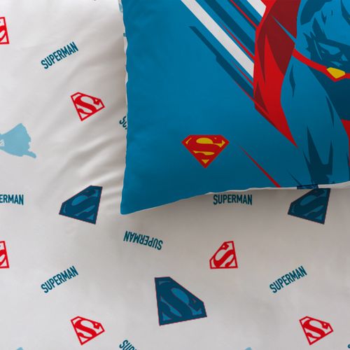 Parure De Lit Imprimée 100% Coton, Superman Supera Bleu 140x200+63x63cm