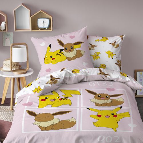 Parure De Lit Imprimée 100% Coton, Pokemon Evoli Rose 140x200+63x63cm
