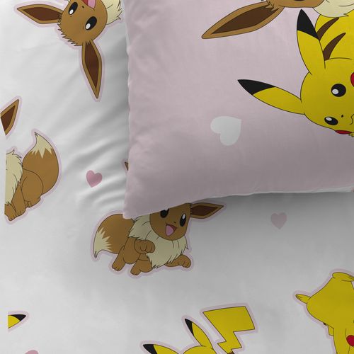 Parure De Lit Imprimée 100% Coton, Pokemon Evoli Rose 140x200+63x63cm