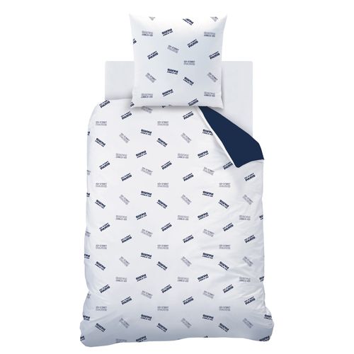 Parure De Lit Imprimée 100% Coton, Psg Devise Bleu 140x200+63x63cm