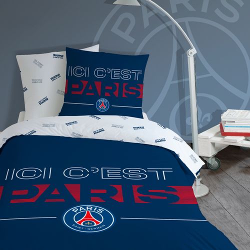 Parure De Lit Imprimée 100% Coton, Psg Devise Bleu 240x220+2x63x63cm