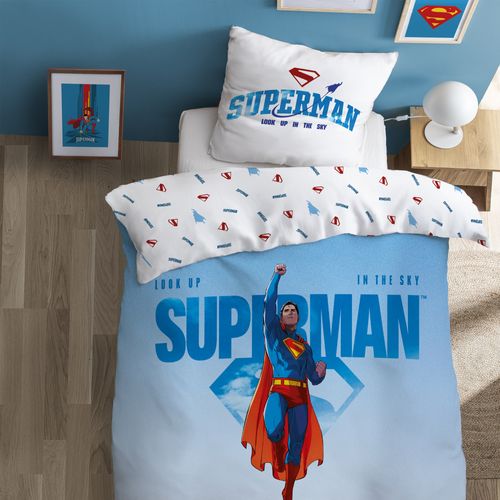 Parure De Lit Imprimée 100% Coton, Superman Man Bleu/rouge 140x200+63x63cm