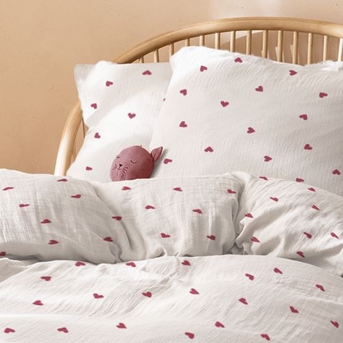 Parure De Lit Imprimée En Gaze De Coton, Coeur Blanc 140x200+63x63cm