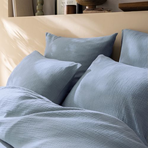 Set De 2 Taies D'oreiller Unies En Coton, Gaze De Coton Bleu Horizon 65x65cm