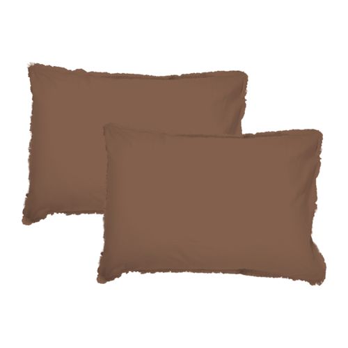 Set De 2 Taies D'oreiller Unies à Franges, Coton Lavé Chocolat 50x70cm