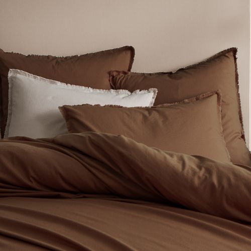 Set De 2 Taies D'oreiller Unies à Franges, Coton Lavé Chocolat 65x65cm