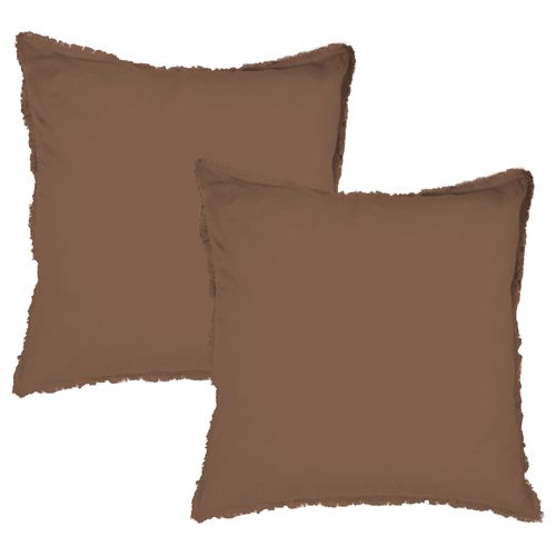 Set De 2 Taies D'oreiller Unies à Franges, Coton Lavé Chocolat 65x65cm