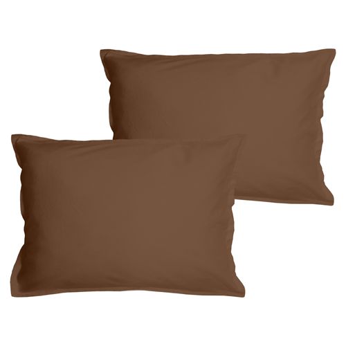 Set De 2 Taies D'oreiller Unies à Volant, Coton Lavé Chocolat 50x70cm