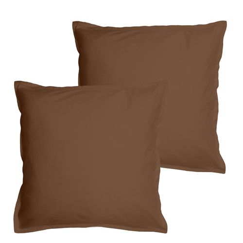 Set De 2 Taies D'oreiller Unies à Volant, Coton Lavé Chocolat 50x70cm