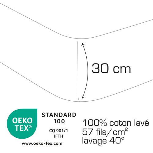 Drap-housse Uni En Coton, Coton Lavé Bleu Orage 140x190/200cm - Bonnet 30cm