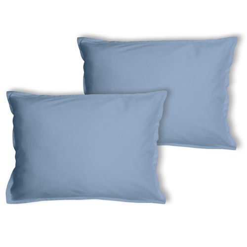 Set De 2 Taies D'oreiller Unies à Volant, Coton Lavé Bleu Orage 65x65cm
