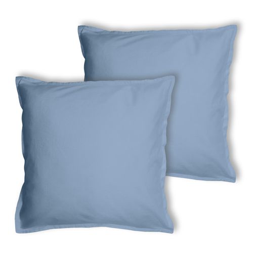 Set De 2 Taies D'oreiller Unies à Volant, Coton Lavé Bleu Orage 65x65cm