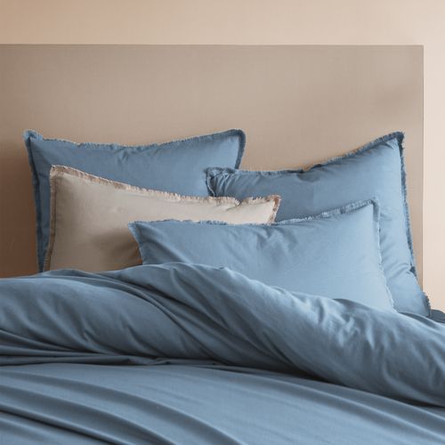 Set De 2 Taies D'oreiller Unies à Franges, Coton Lavé Bleu Orage 50x70cm