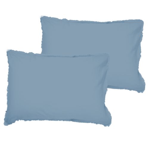 Set De 2 Taies D'oreiller Unies à Franges, Coton Lavé Bleu Orage 50x70cm
