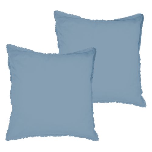 Set De 2 Taies D'oreiller Unies à Franges, Coton Lavé Bleu Orage 65x65cm