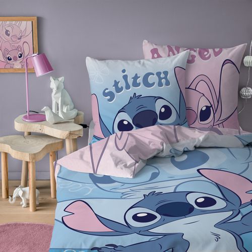 Parure De Lit Imprimée Réversible 100% Coton, Disney Home Stitch Magic Duo Rose 140x200+63x63cm