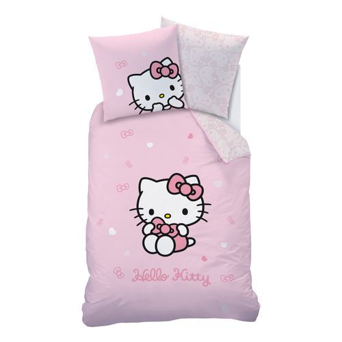 Parure De Lit Imprimée 100% Coton, Hello Kitty Cute Rose 140x200+63x63cm