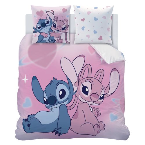 Parure De Lit Imprimée 100% Coton, Disney Home Stitch Bisous Rose 240x220+2x63x63cm