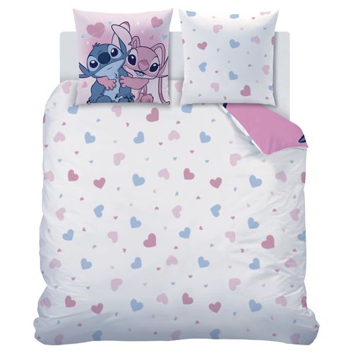 Parure De Lit Imprimée 100% Coton, Disney Home Stitch Bisous Rose 240x220+2x63x63cm