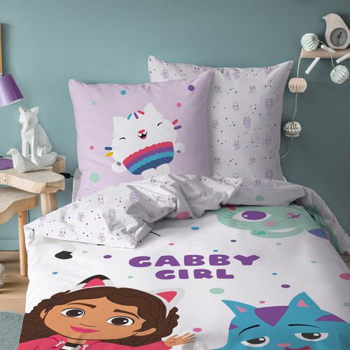 Parure De Lit Imprimée 100% Coton, Gabby Et La Maison Magique Funny Blanc 140x200+63x63cm