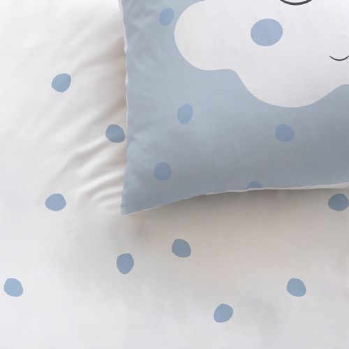 Parure De Lit Imprimée 100% Coton, Cumulus Bleu, Blanc 140x200+63x63cm