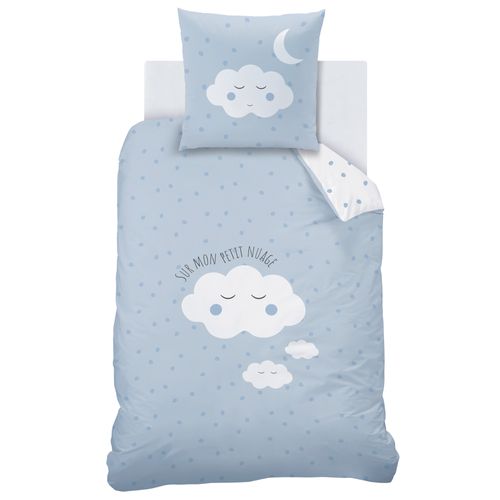 Parure De Lit Imprimée 100% Coton, Cumulus Bleu, Blanc 140x200+63x63cm
