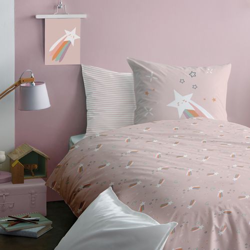 Parure De Lit Imprimée 100% Coton, Etoile Filante Rose 140x200+63x63cm